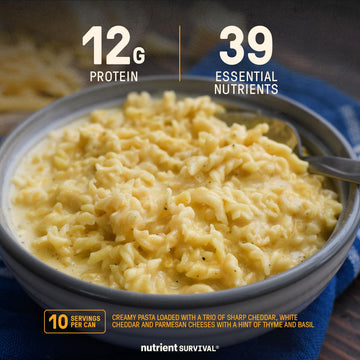 Nutrient Survival Triple Cheese Mac serving bowl demonstrates quick hot-water meal for survival.