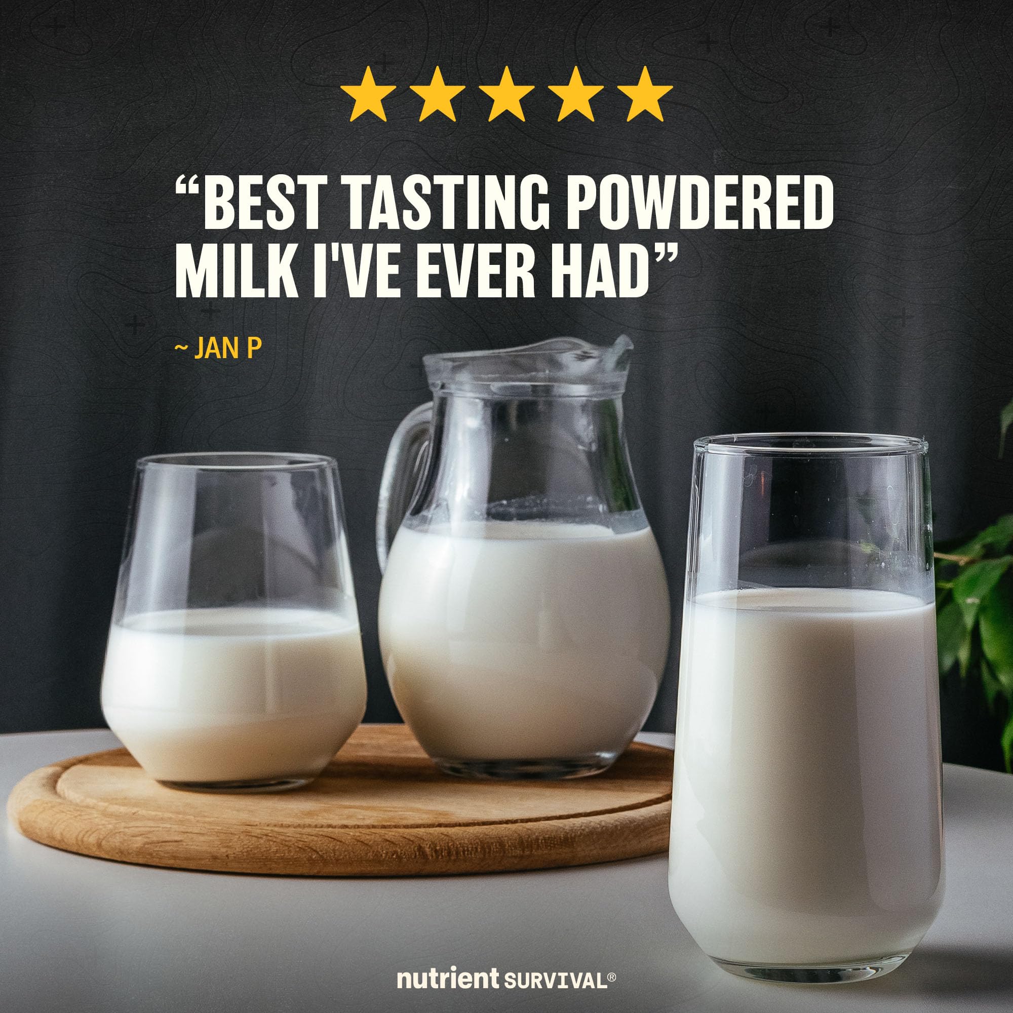 Nutrient Survival vitamin powdered milk in a glass, creamy breakfast drink.