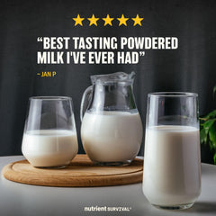 Nutrient Survival vitamin powdered milk in a glass, creamy breakfast drink.
