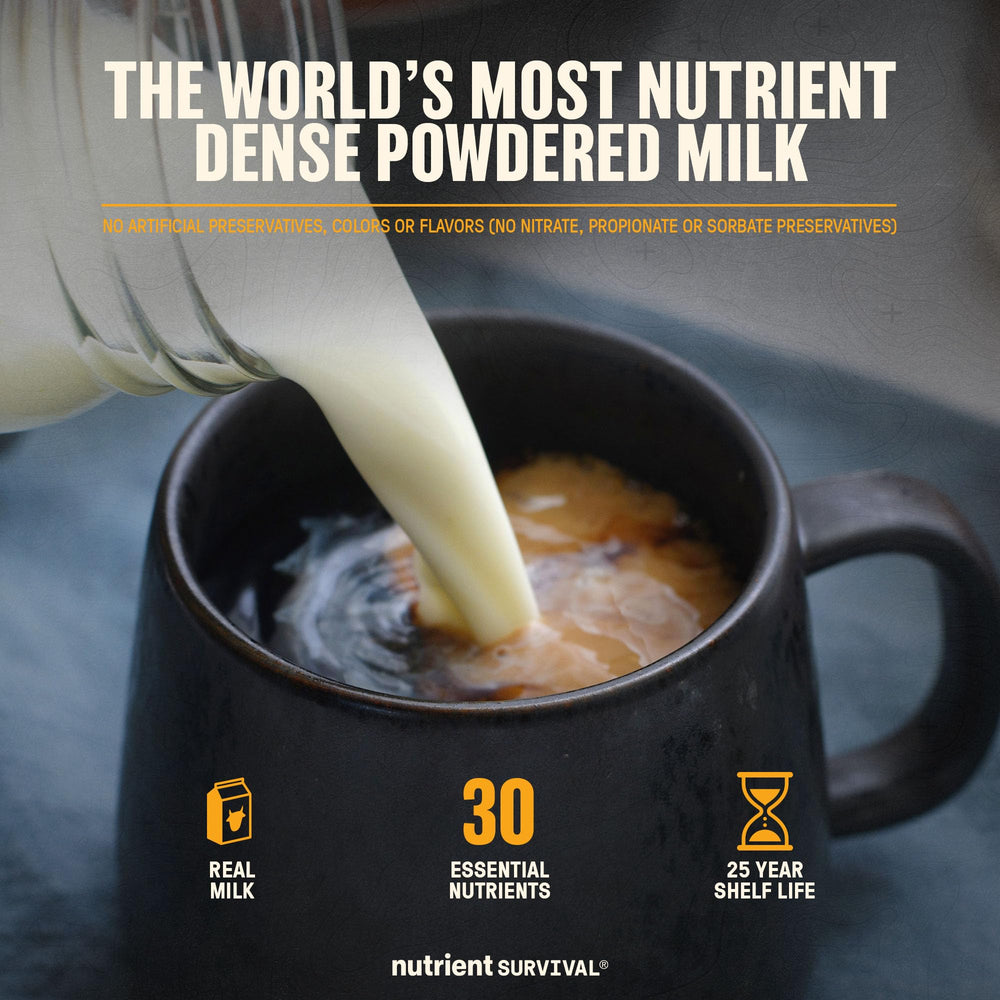 Nutrient Survival vitamin powdered milk being poured into water for instant milk.