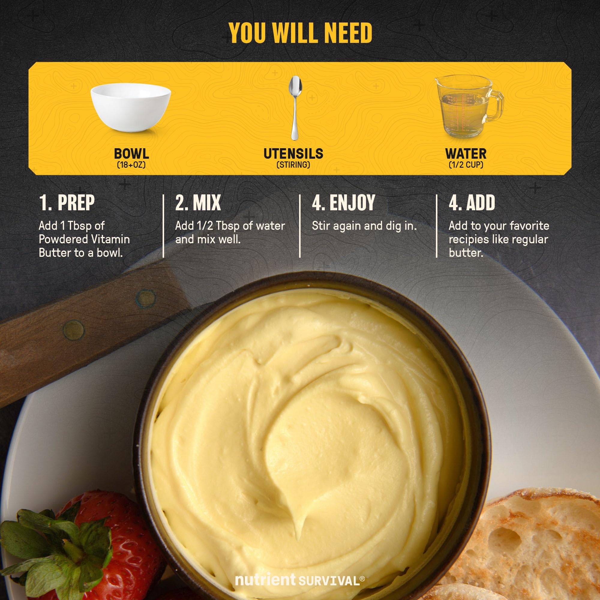 Nutrient Survival butter powder baking showcases melted butter flavor in recipes.