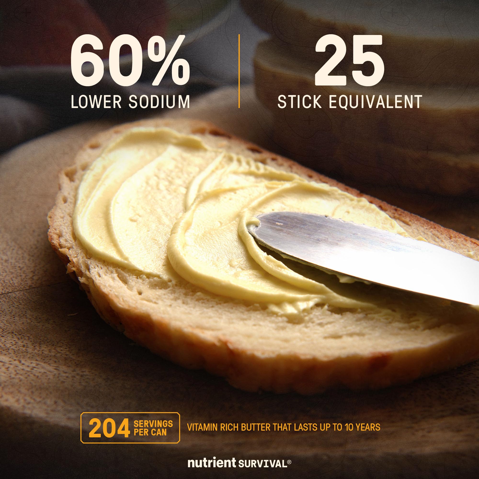 Nutrient Survival butter powder cup-mix showing creamy rehydration for toast or sauces.