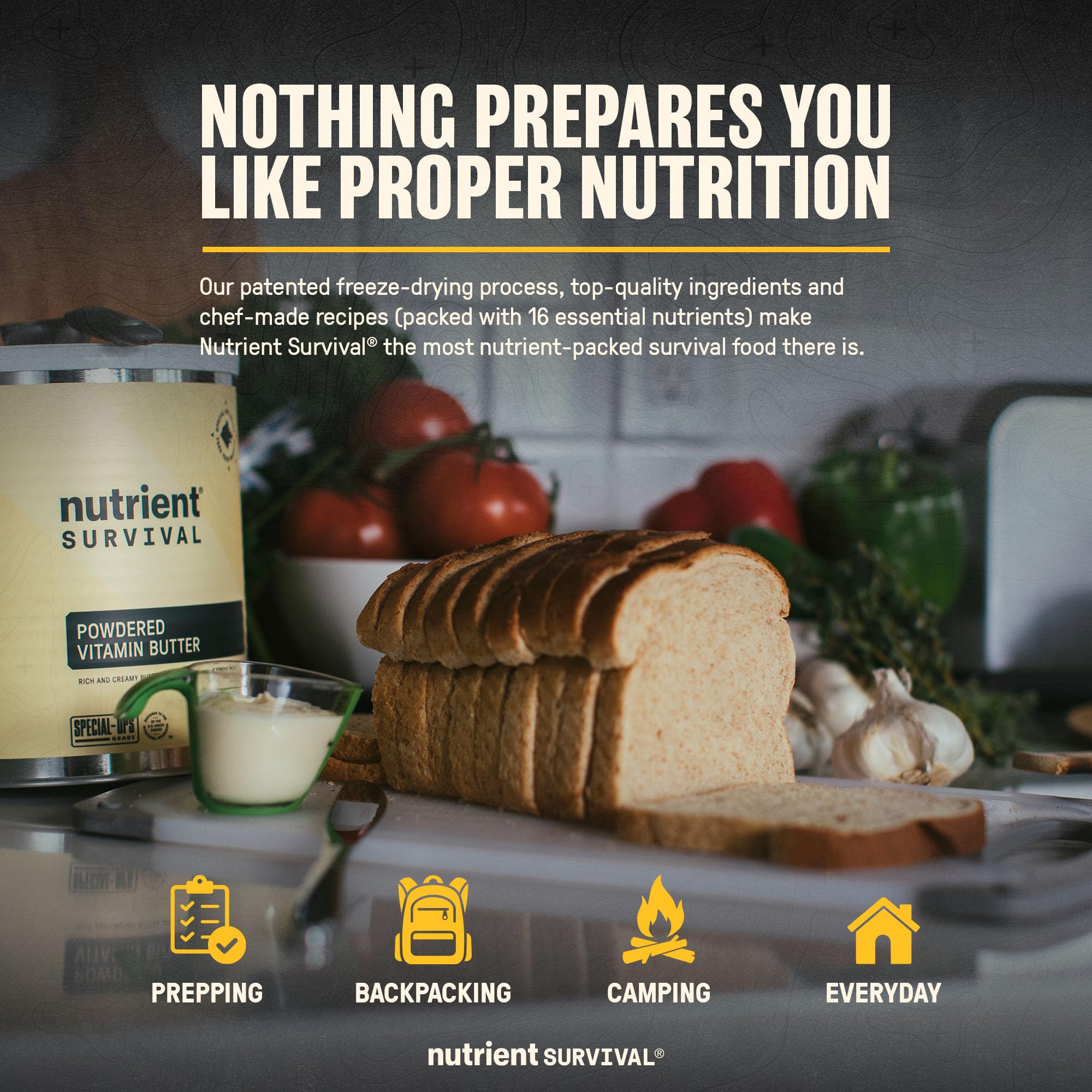 Nutrient Survival butter powder kitchen-dining image emphasizes everyday use.