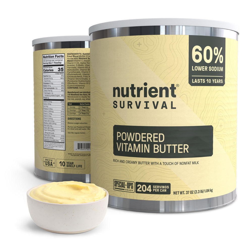 Nutrient Survival Butter Powder pack shot highlighting long shelf life and versatile emergency prep.