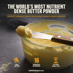 Nutrient Survival butter powder pour demonstrates quick creamy spread after water mix.