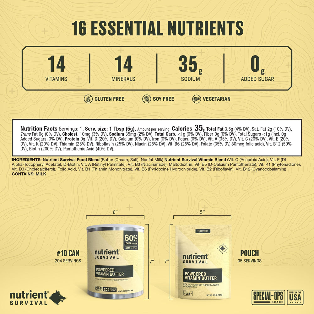 Nutrient Survival butter powder spread reveals smooth texture ideal for baking and toast.