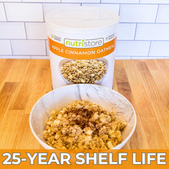 Nutristore 25-year shelf-life can highlights durable emergency food reserve.