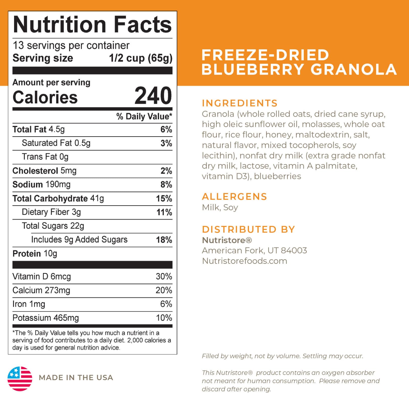 Nutristore blueberry granola gallon can packaging for bulk storage