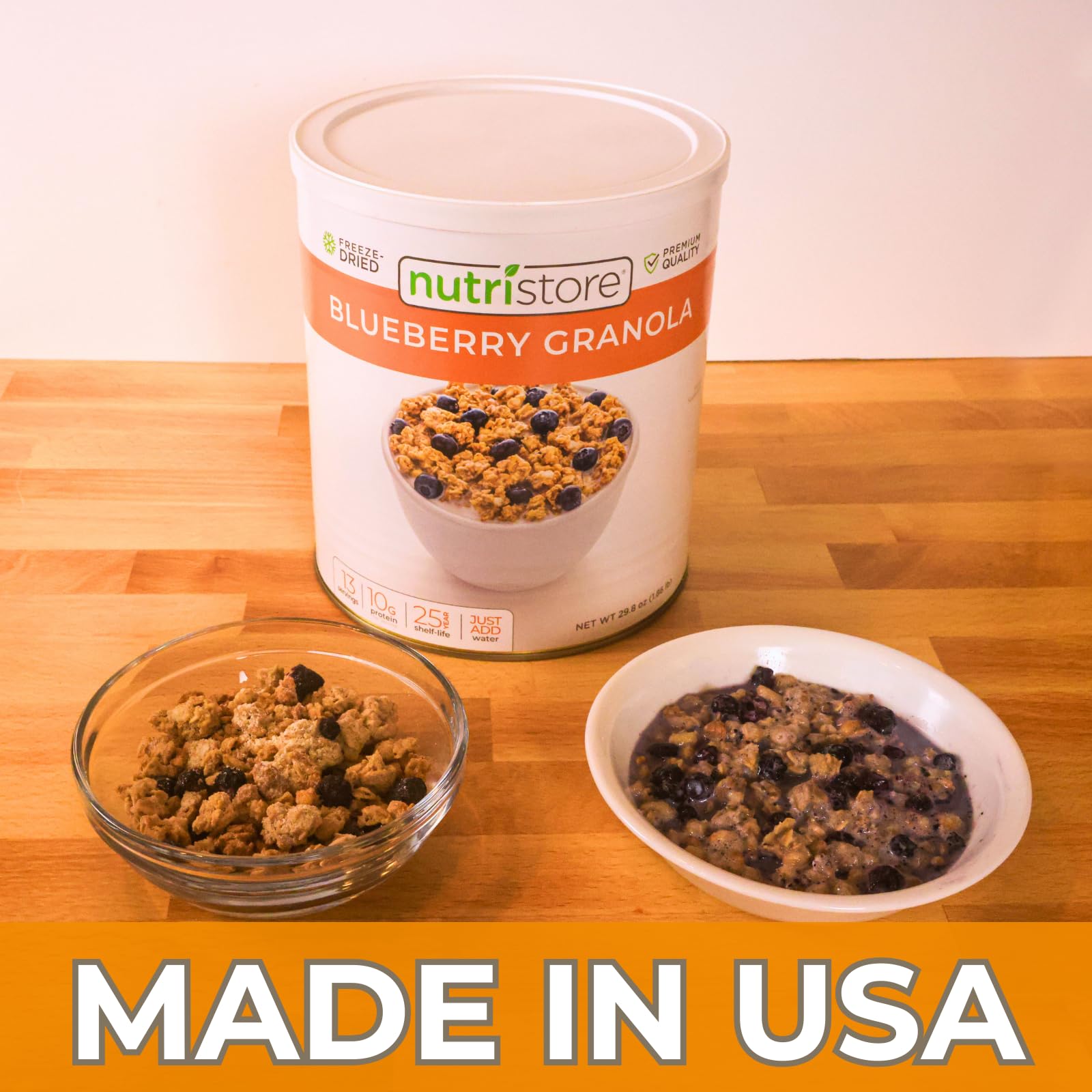 Nutristore blueberry granola ready-in-10-minutes with water