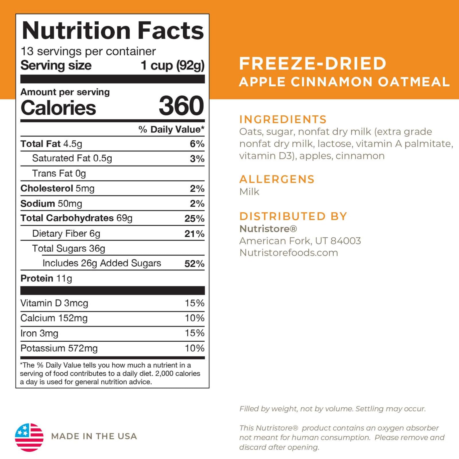 Nutristore camping meal apple cinnamon oatmeal ready for backpacking energy.