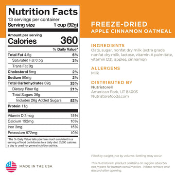 Nutristore camping meal apple cinnamon oatmeal ready for backpacking energy.