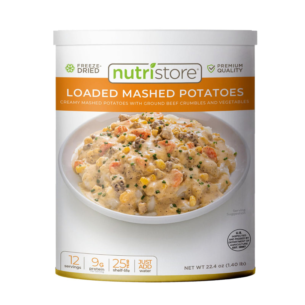 Nutristore Loaded Mashed Potatoes in a gallon can for long-term storage and quick meals.