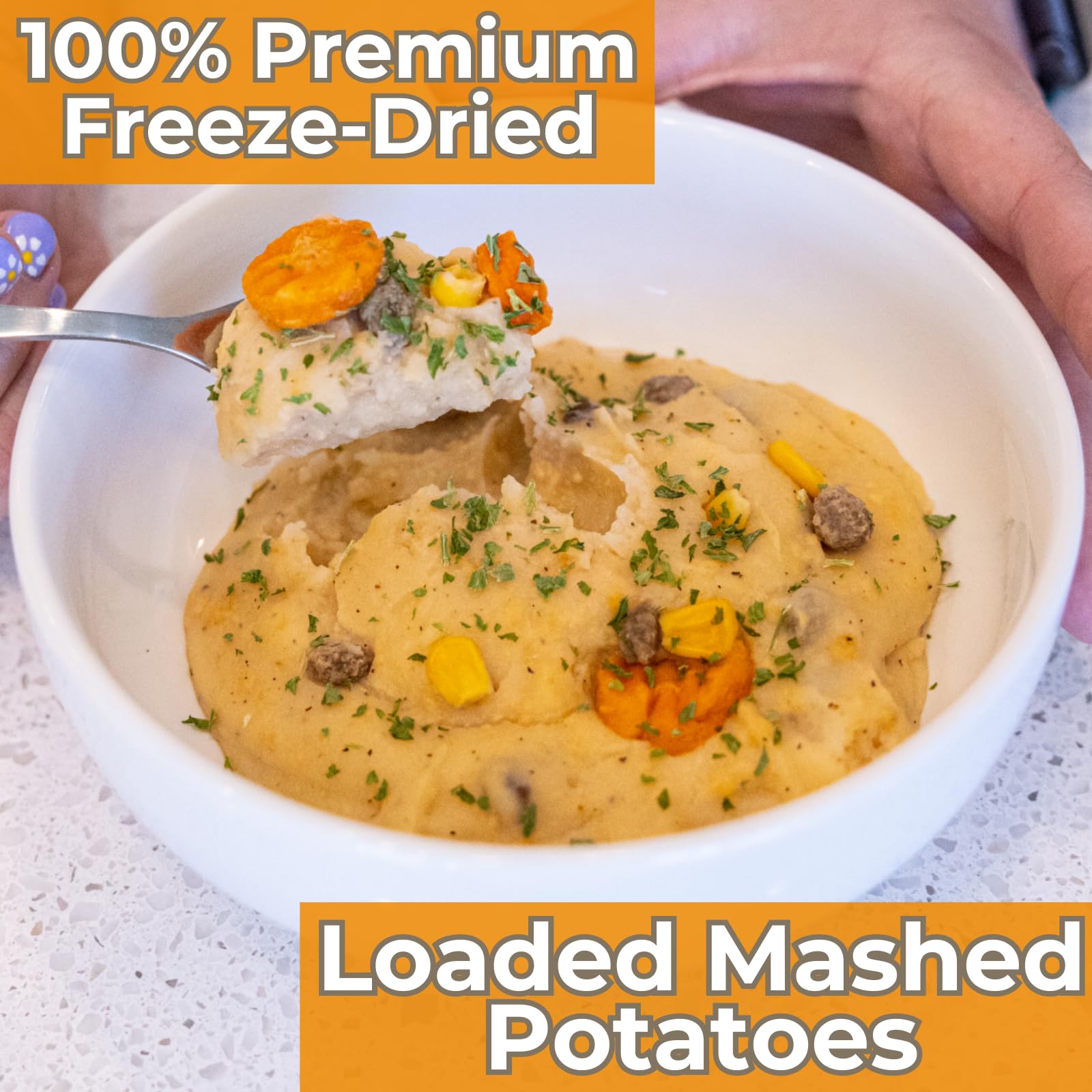 Nutristore serving bowl with rehydrated mashed potatoes for a fast, comforting meal.