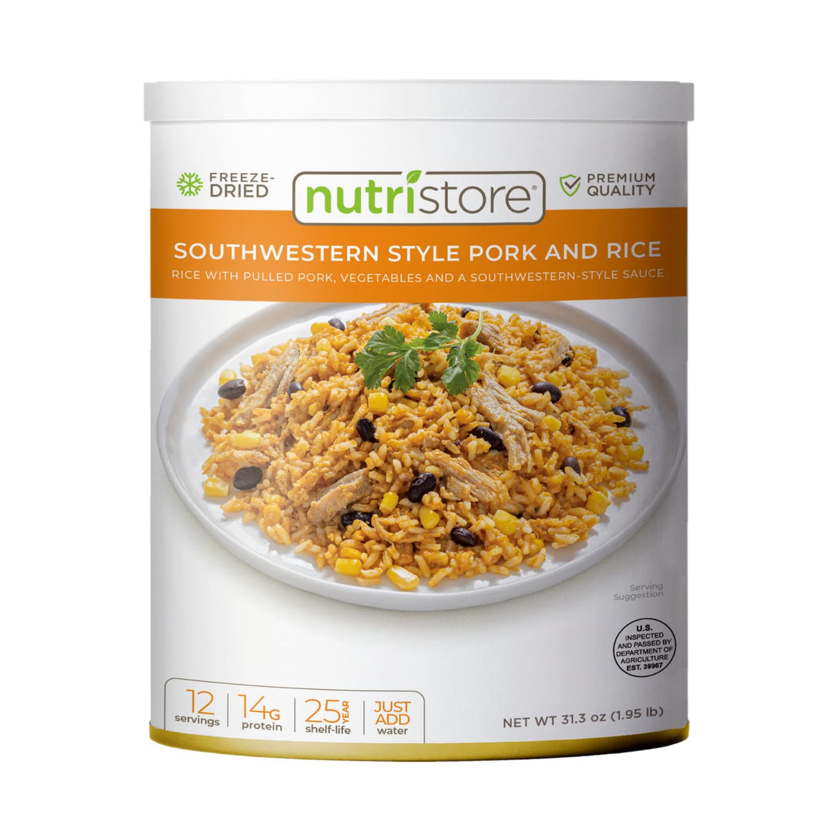 Nutristore Southwestern pork and rice can front; storage-ready long shelf life.