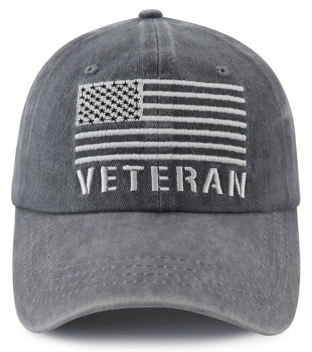Front view of Nxizivmk American flag veteran hat with embroidery