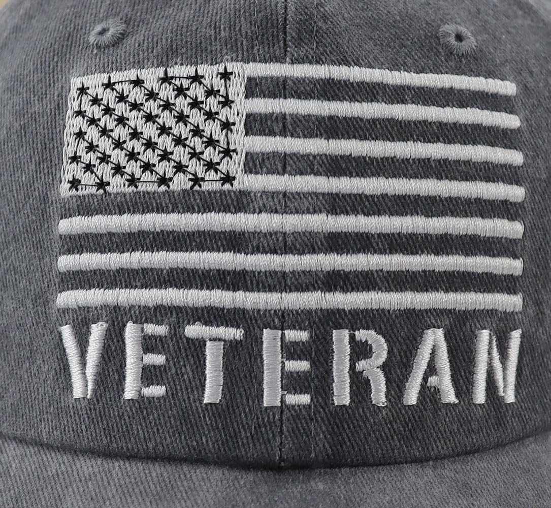 Back adjustable closure visible on USA flag veteran cap