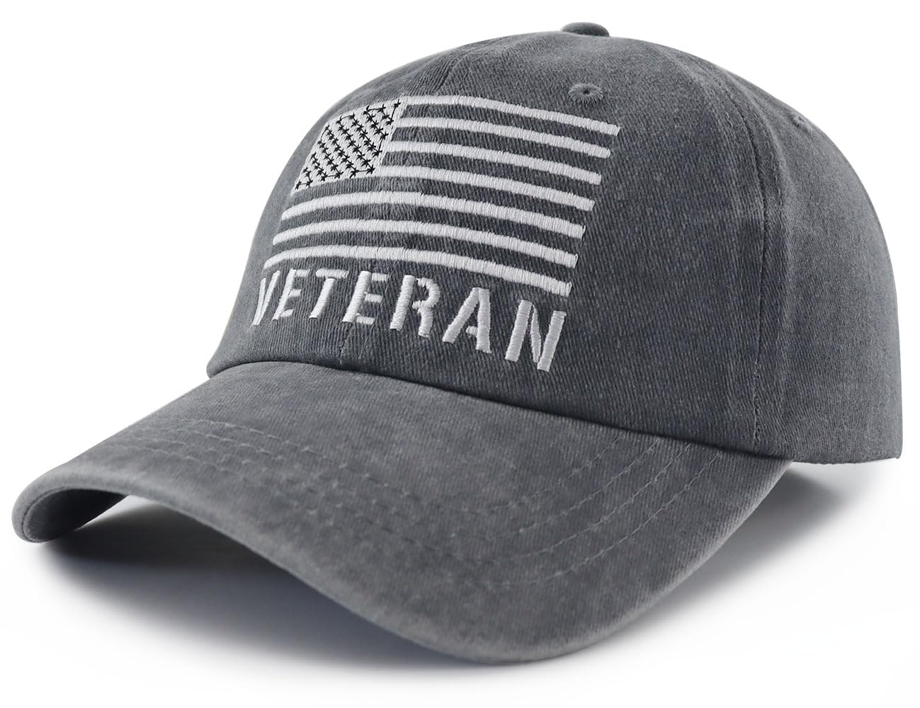 Close-up of embroidered USA flag and veteran design