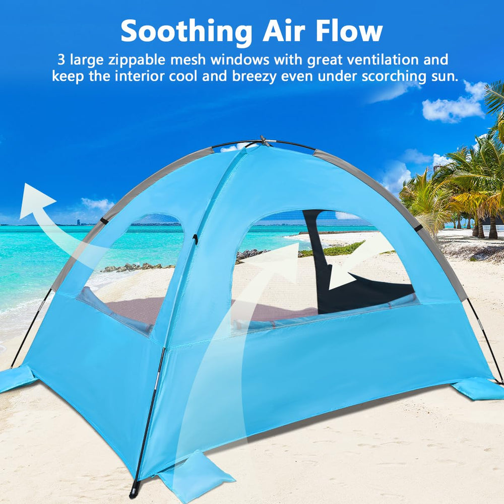 NXONE beach tent three mesh windows provide breezy airflow at the shoreline