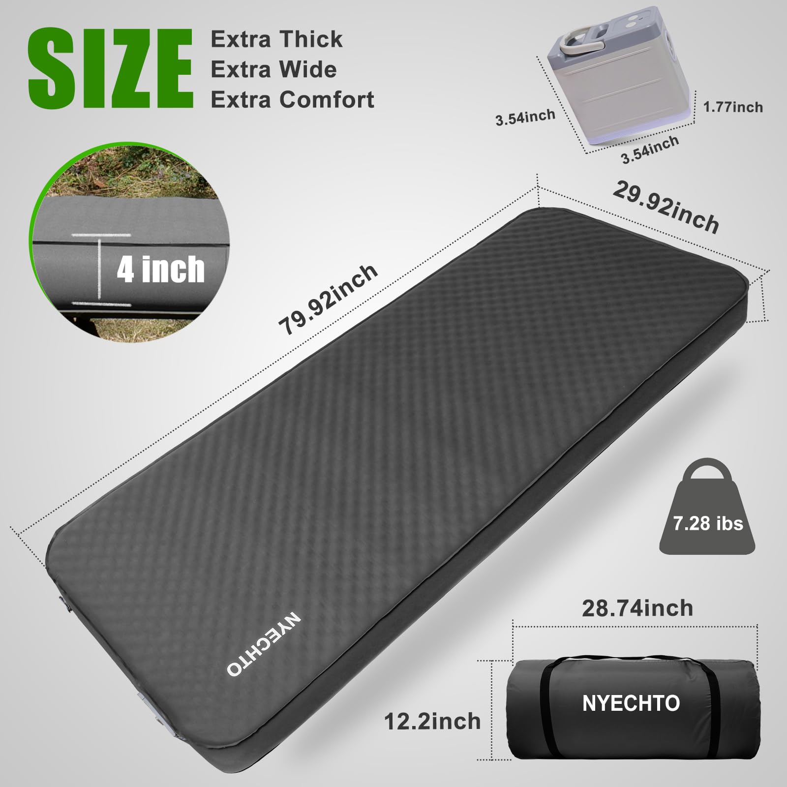 NYECHTO camping pad with electric pump in action speeds setup.
