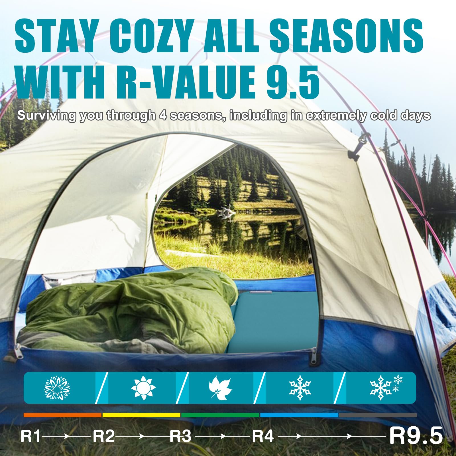 NYECHTO all-season insulation with 9.5 R-value for year-round camping.