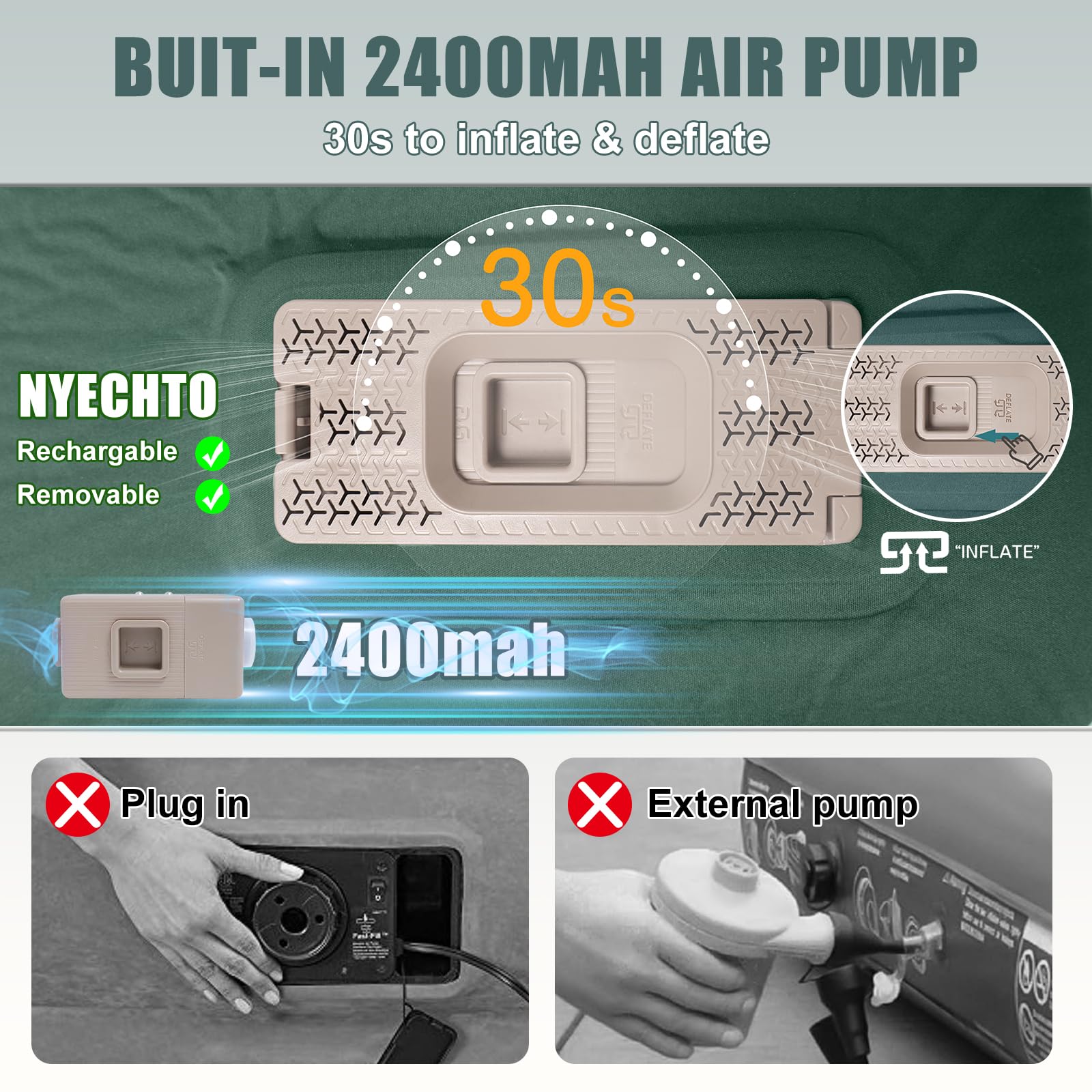 NYECHTO rechargeable detachable air pump with USB C charging
