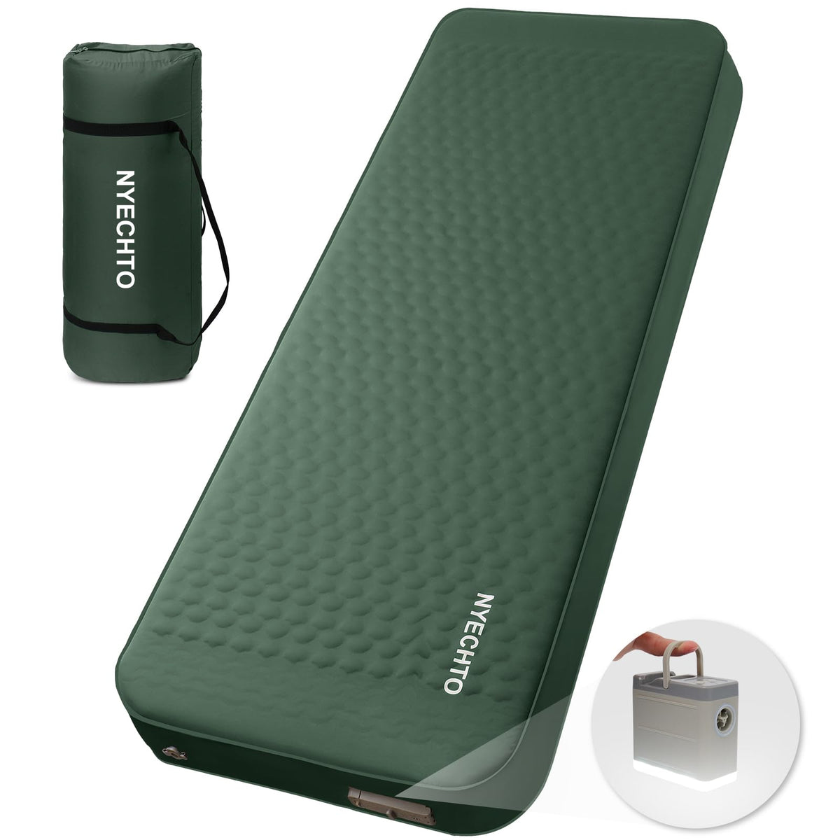 NYECHTO self-inflating pad in 4in thickness offers cushion for backcountry nights.
