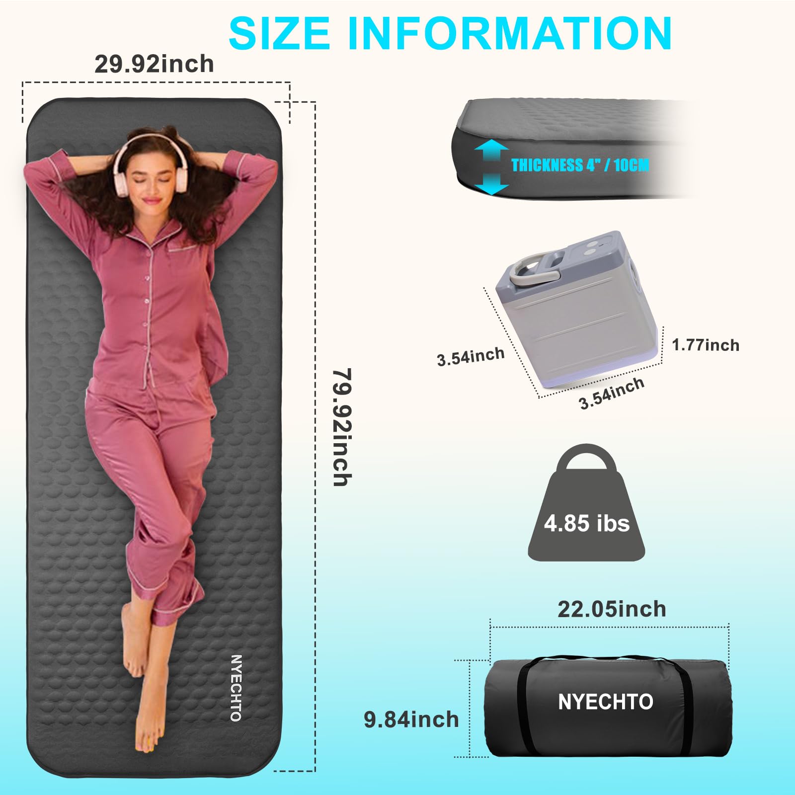 NYECHTO sleeping pad inflates in 45 seconds with built-in pump