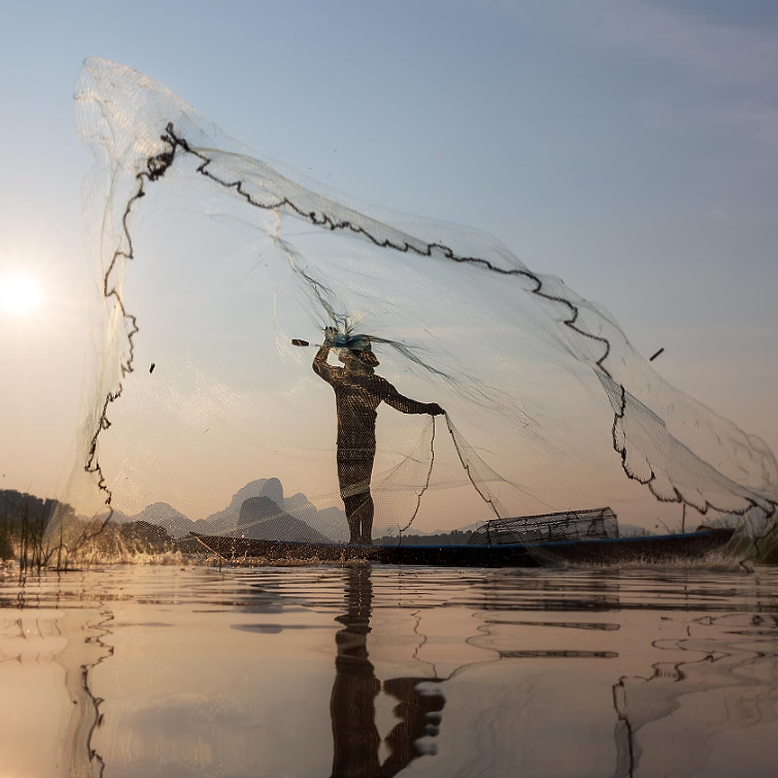 Cast net in water for bait fishing, green color