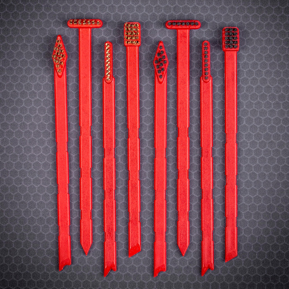 Soft nylon brushes with non-marring pick scrapers for finishes