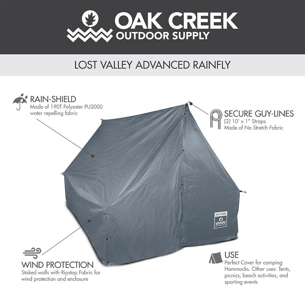 Oak Creek Advanced Hammock Rain Fly ripstop fabric highlights durability against rough terrain.