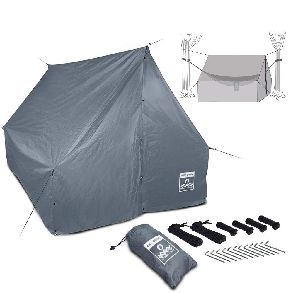 Oak Creek Advanced Hammock Rain Fly setup for quick shelter from rain.