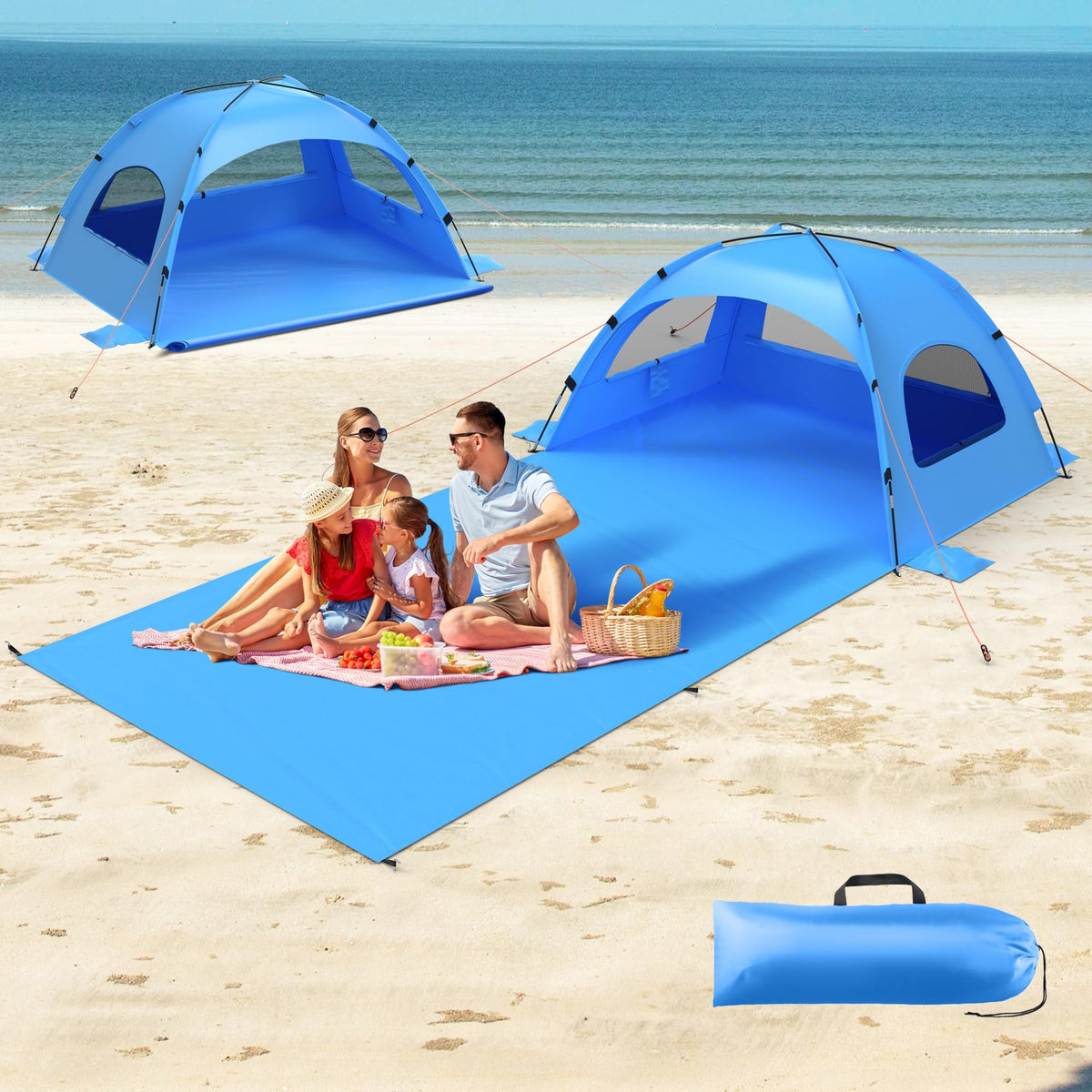 OAOA innovation beach tent with extended mat 82x114 inches for roomy outdoor relaxation.