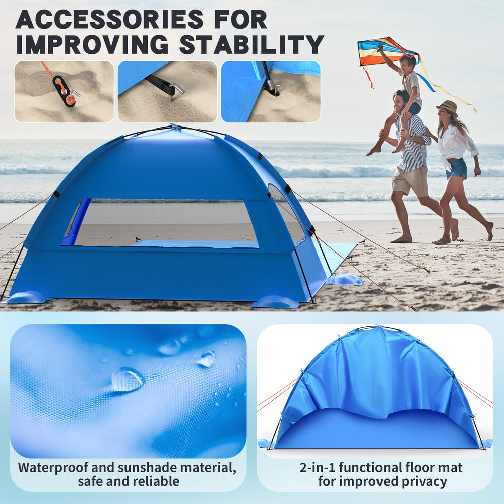 OAOA innovation beach tent stability with windproof system and anchors.
