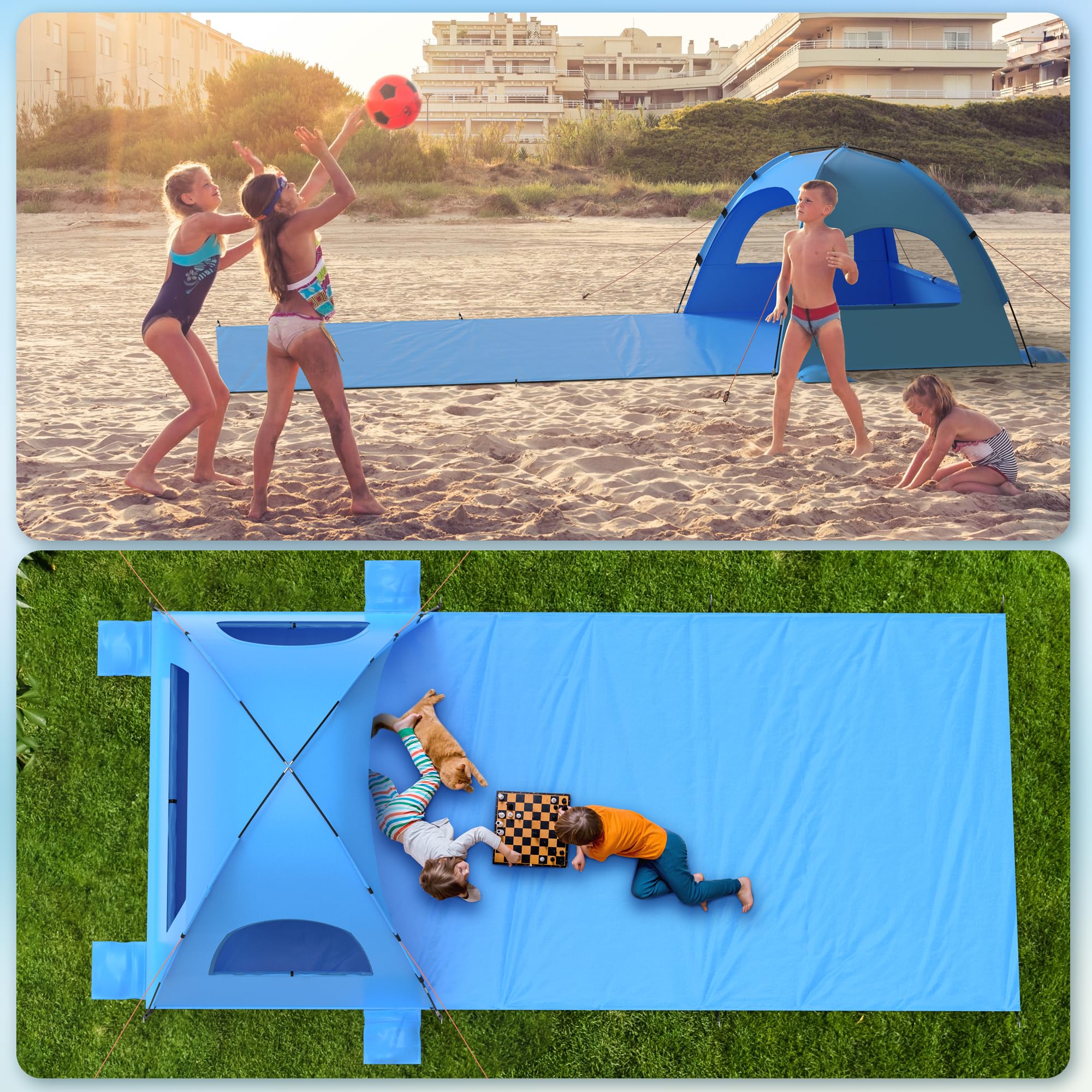 OAOA innovation extended mat supports picnics and kids' play on sand.