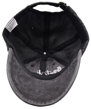 Pre-curved visor detail on adjustable denim cap