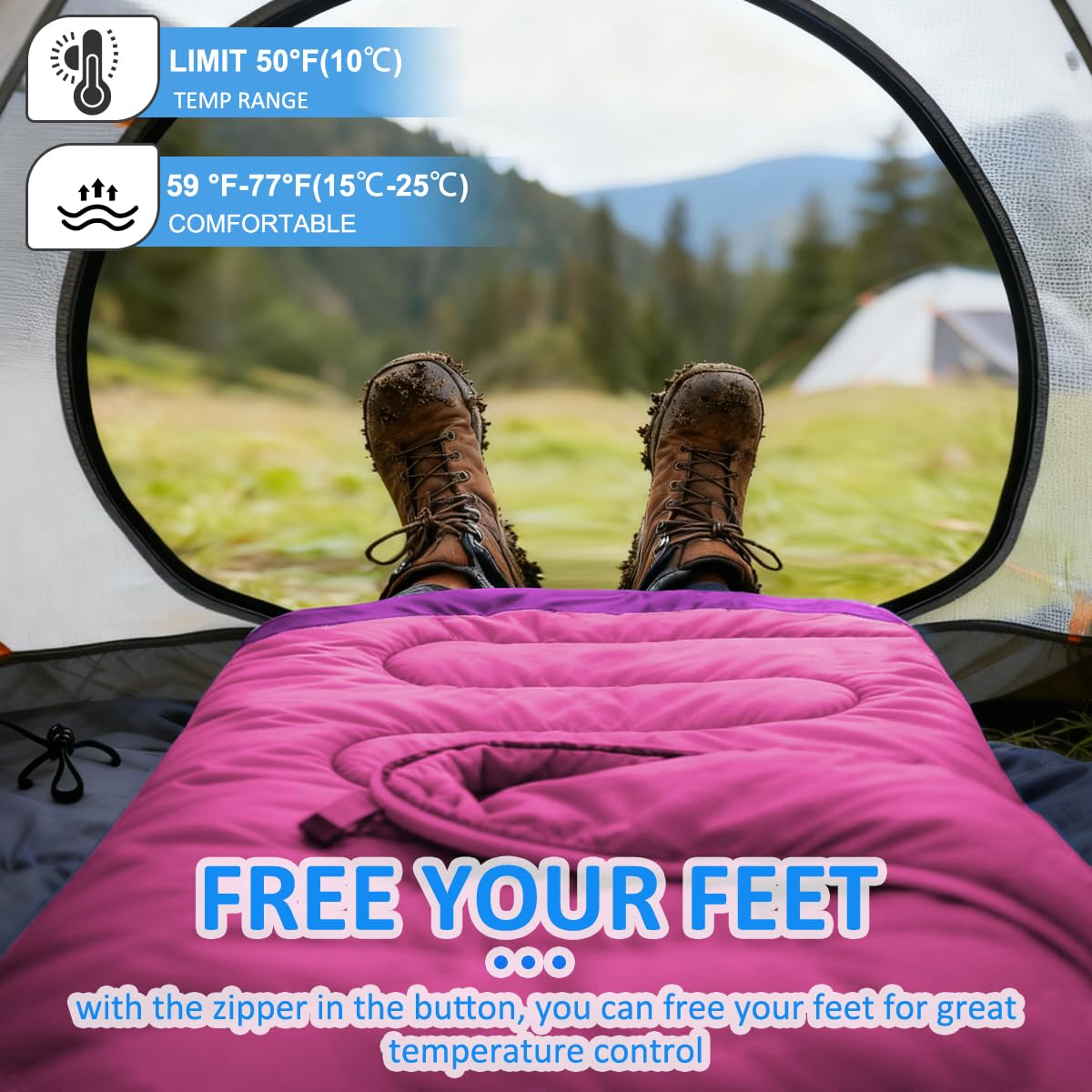 oaskys camping sleeping bag 3-season design suited for temperatures 10-20°C.