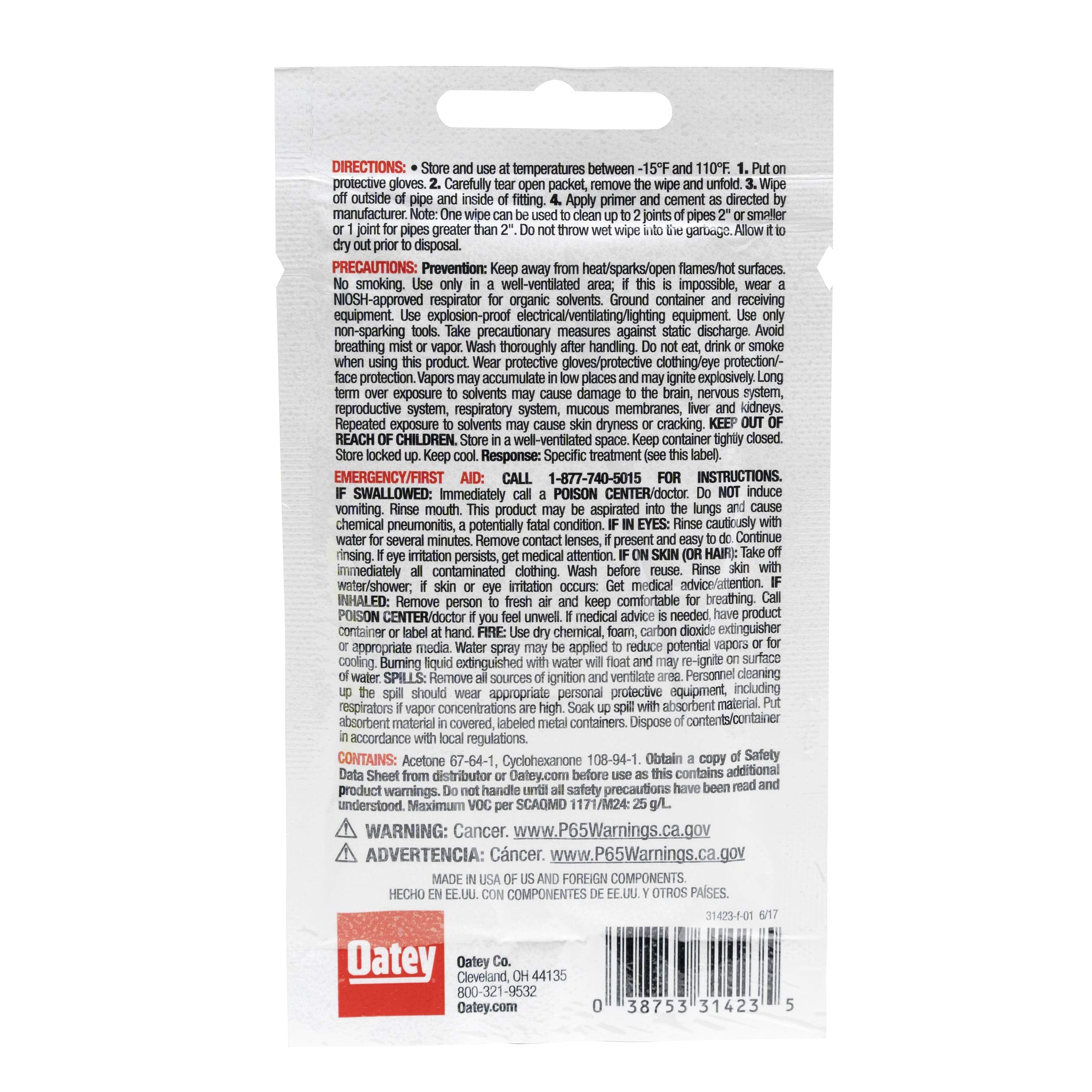 Oatey pipe cleaning cloth, 8x7 inches, high-strength fabric cleans soil and grease.