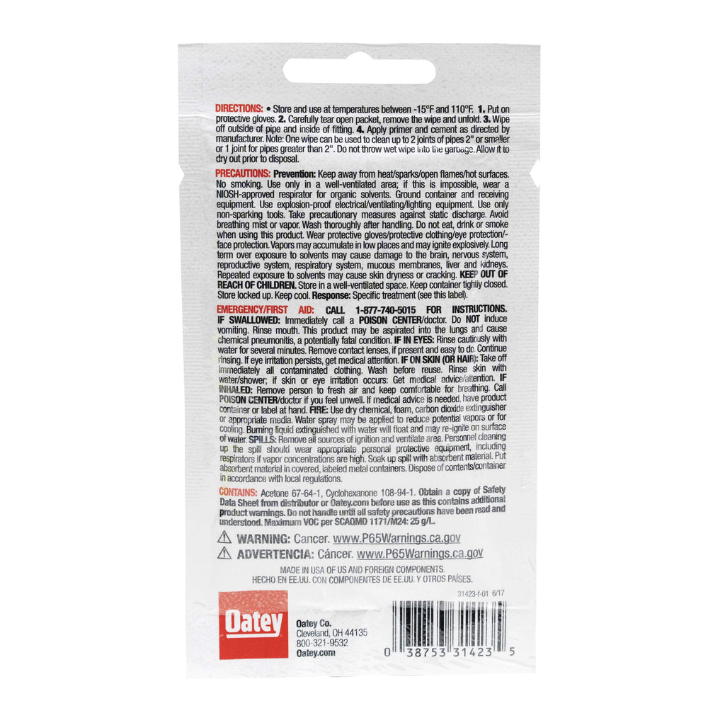 Oatey pipe cleaning cloth, 8x7 inches, high-strength fabric cleans soil and grease.