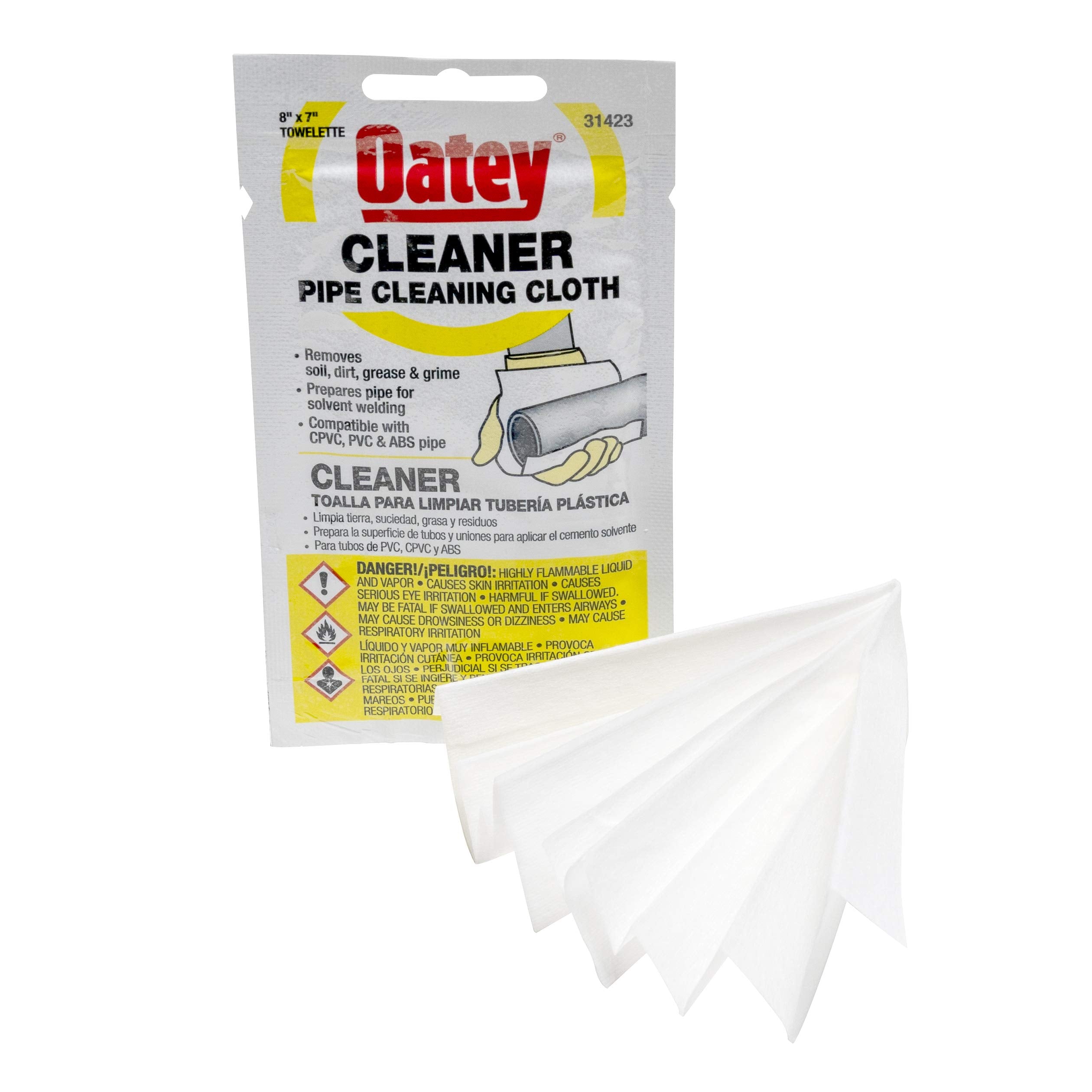 Oatey towelettes, individually packaged, provide convenient one-time use on small pipe projects.