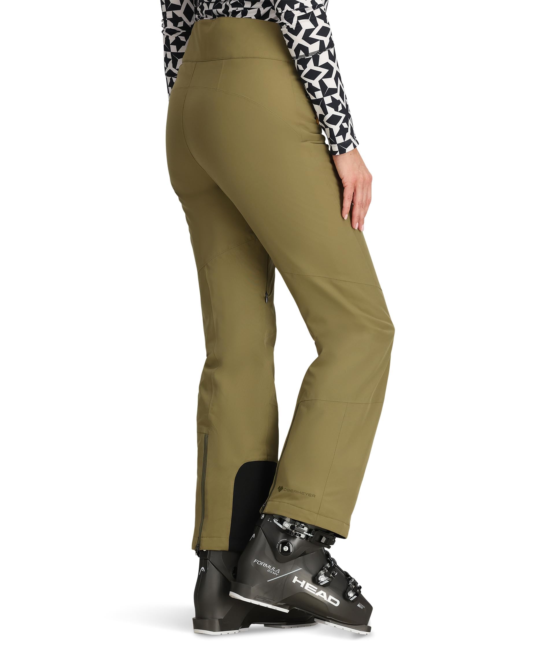 Obermeyer Bliss Pant Smokey Olive side view highlights recycled fabric and full mobility.
