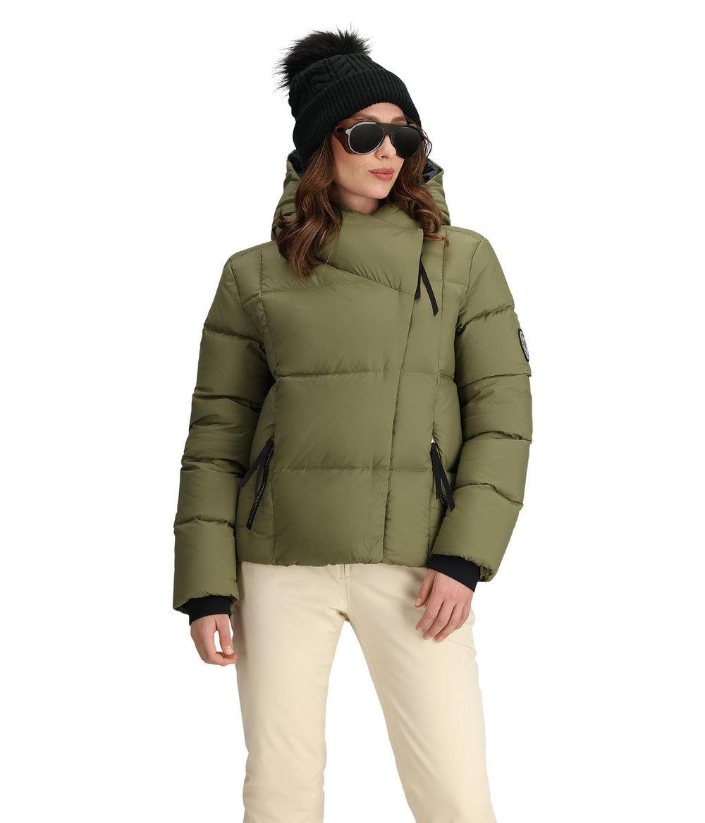 Obermeyer Calypso Down Jacket Smokey Olive front view offers warm everyday style.