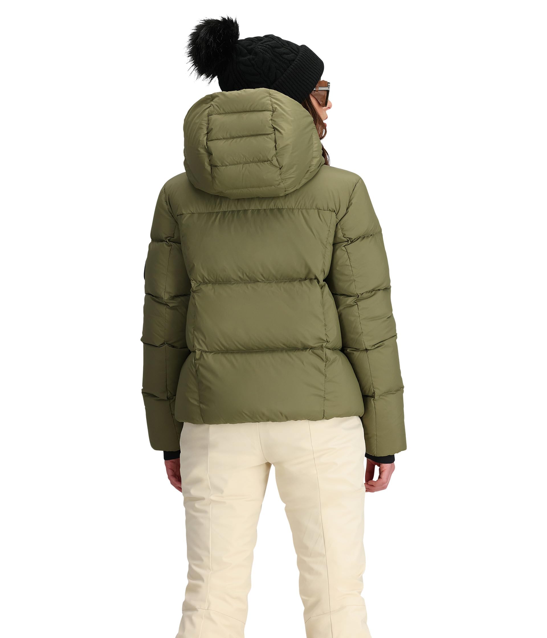 Obermeyer Calypso Down Jacket Smokey Olive hood detail for variable weather.