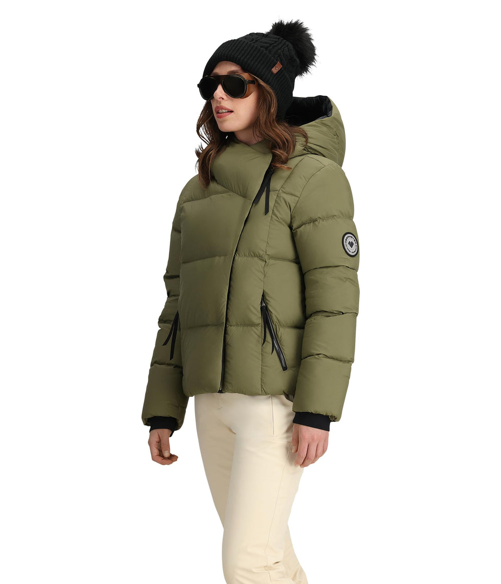 Obermeyer Calypso Down Jacket Smokey Olive side view highlights handwarmer pockets.