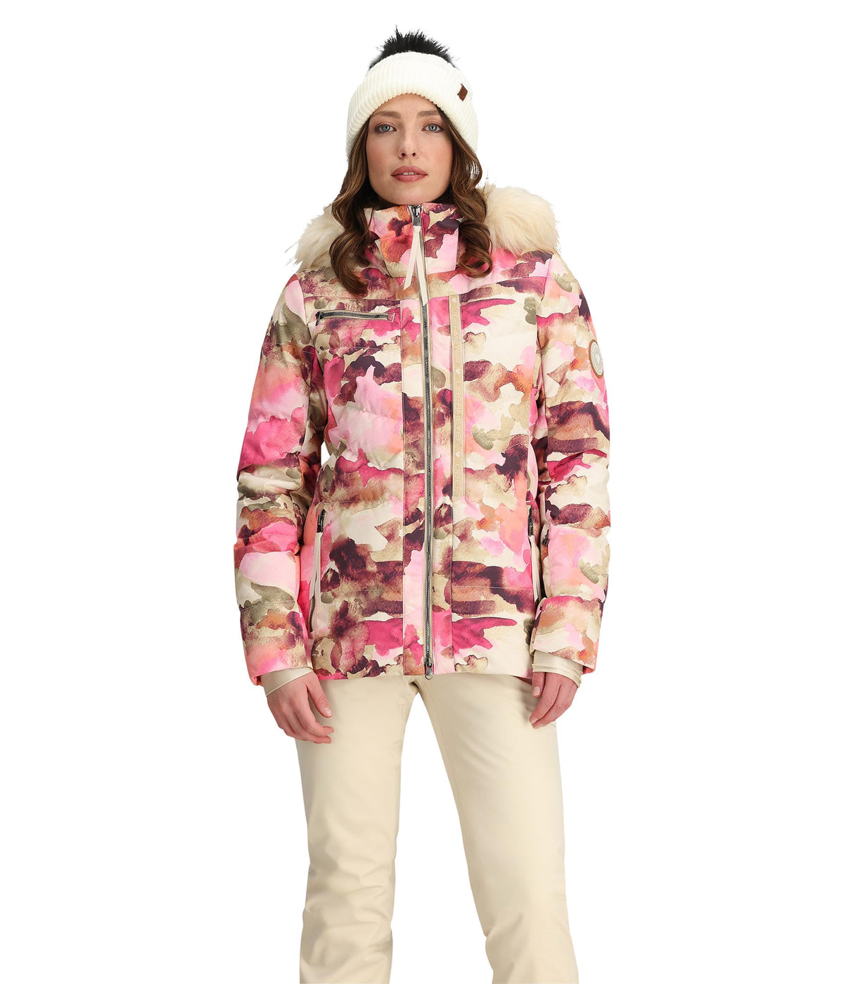Obermeyer Circe Down Jacket Blooming Camo front view for warmth and street-ready style.