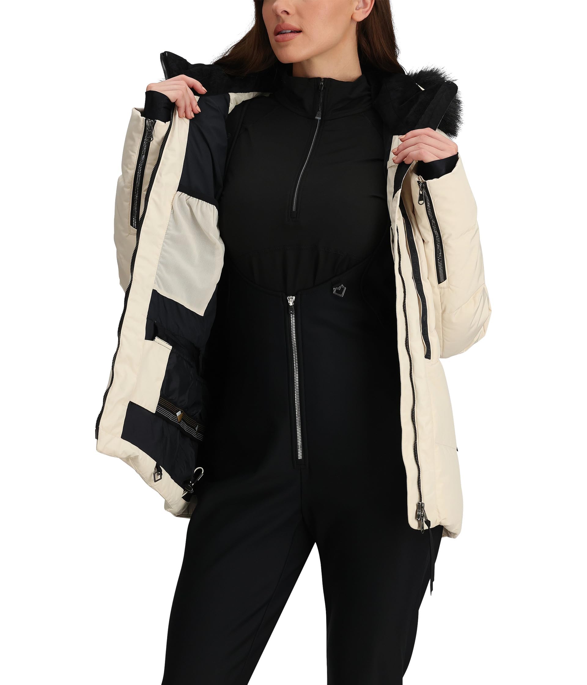 Obermeyer Circe Down Jacket Sahara 14 pocket detail featuring zip pockets and pass pocket