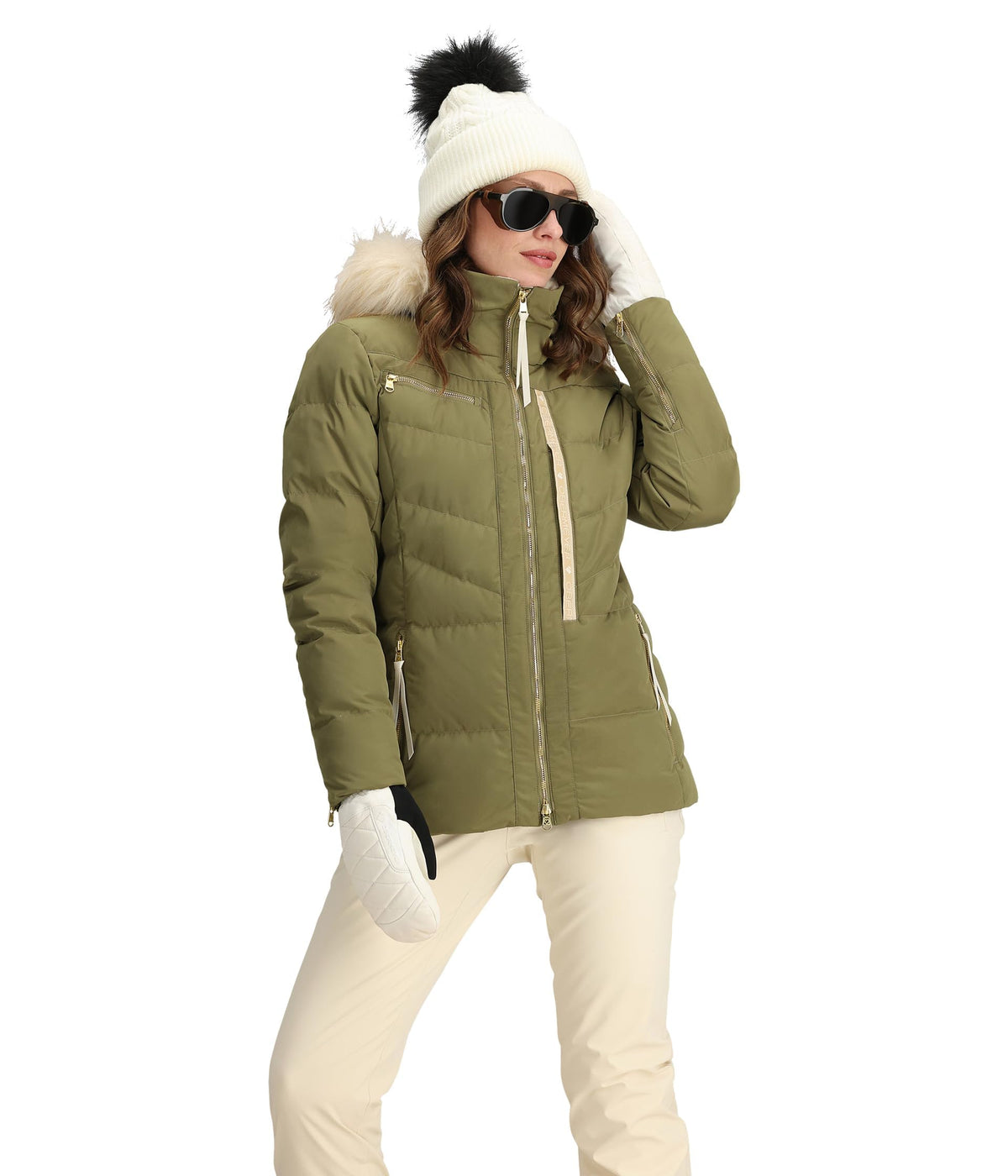 Obermeyer Circe Down Jacket Smokey Olive front view showing warmth and style