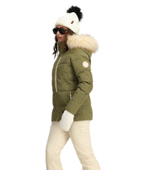 Obermeyer Circe Down Jacket Smokey Olive sleeve detail highlighting 600-fill warmth and durability