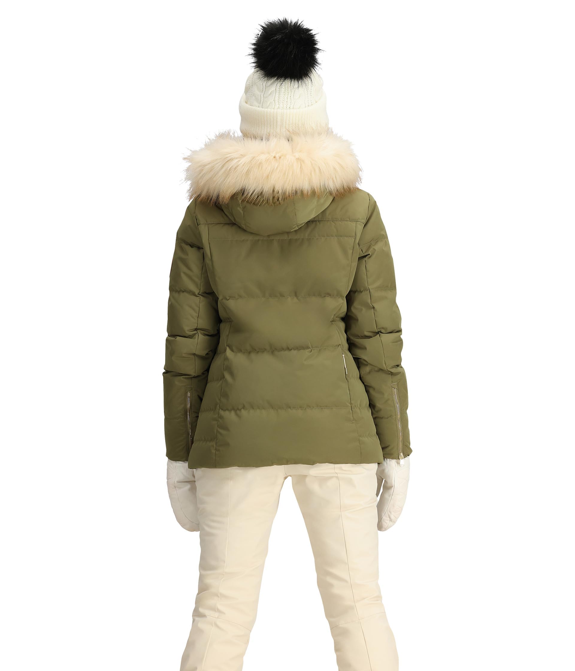 Obermeyer Circe Down Jacket Smokey Olive hood with faux fur trim for versatile winter wear