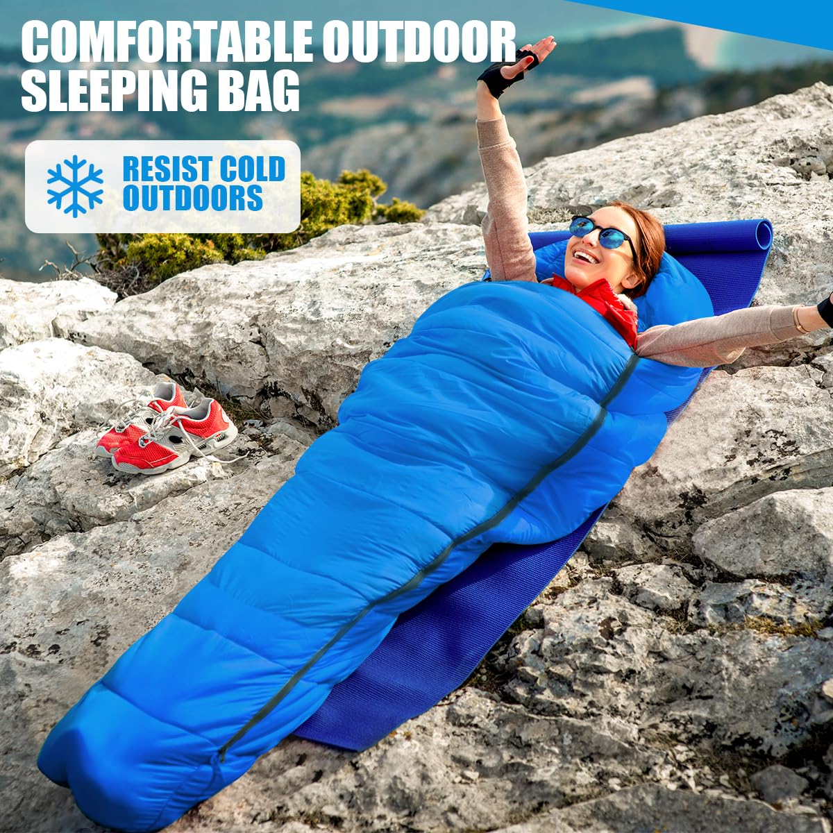 OBTANIM sleeping bag compression bag with shoulder strap for easy carry.