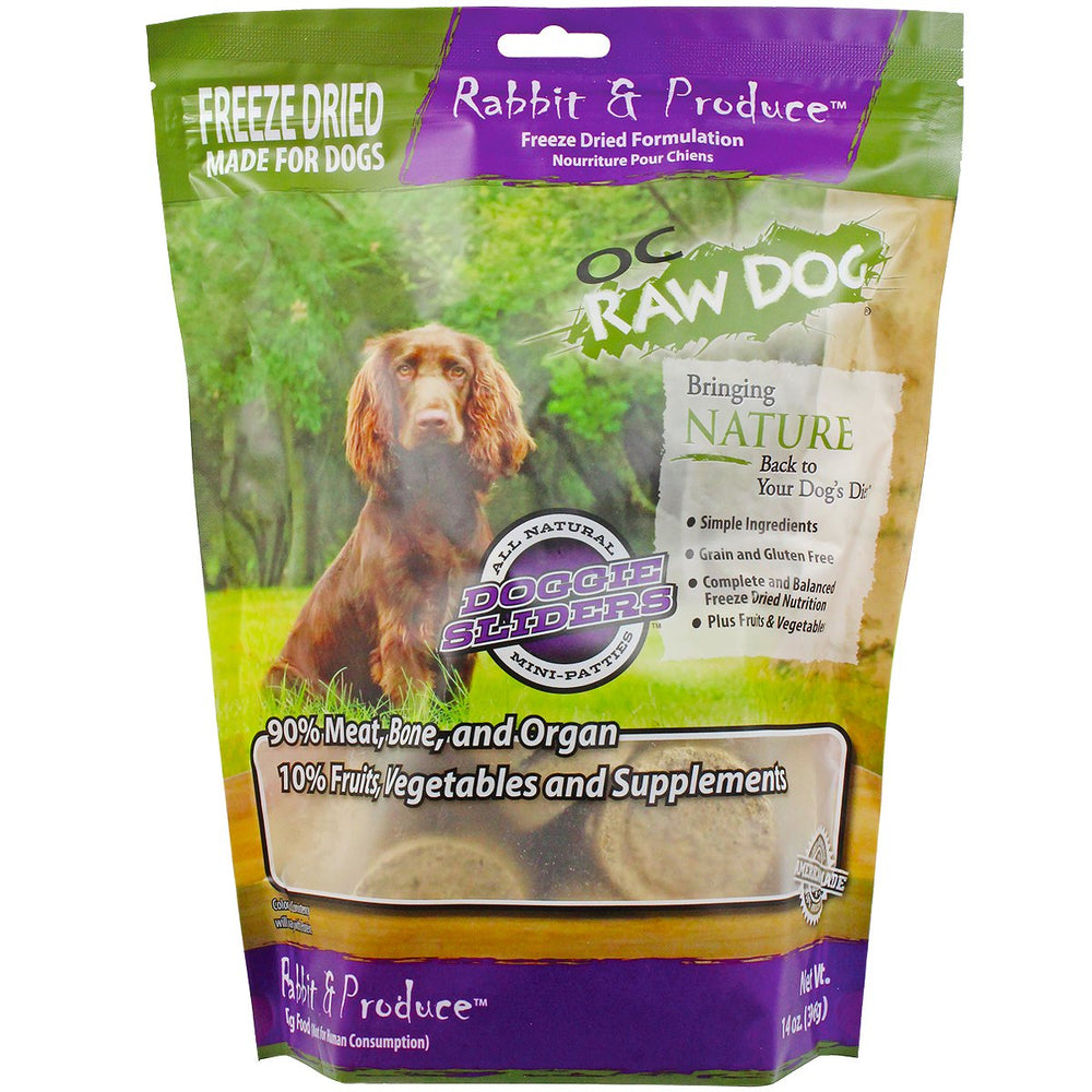 OC Raw Dog freeze-dried rabbit sliders 14oz, close-up of bite-sized pieces for training and tasty rewards.